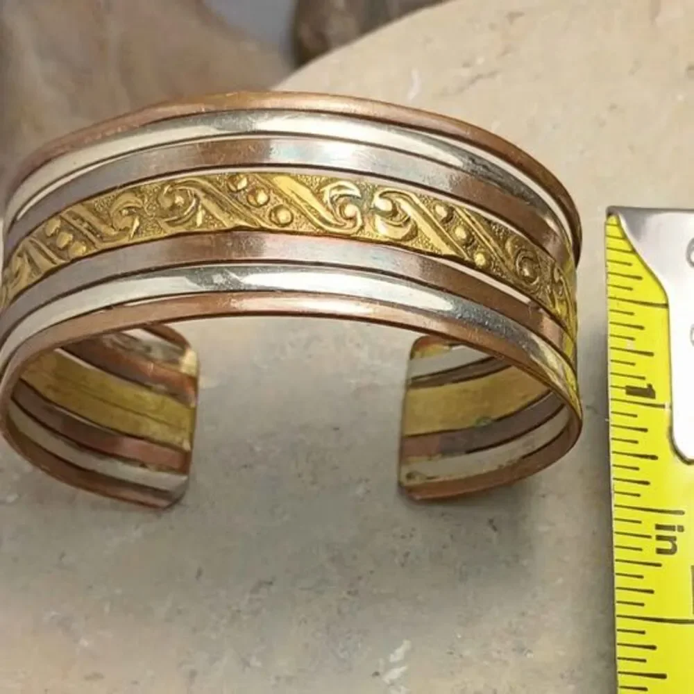 Vintage Tri Tone Mixed Metal Embossed Cuff Bracelet Artisan
